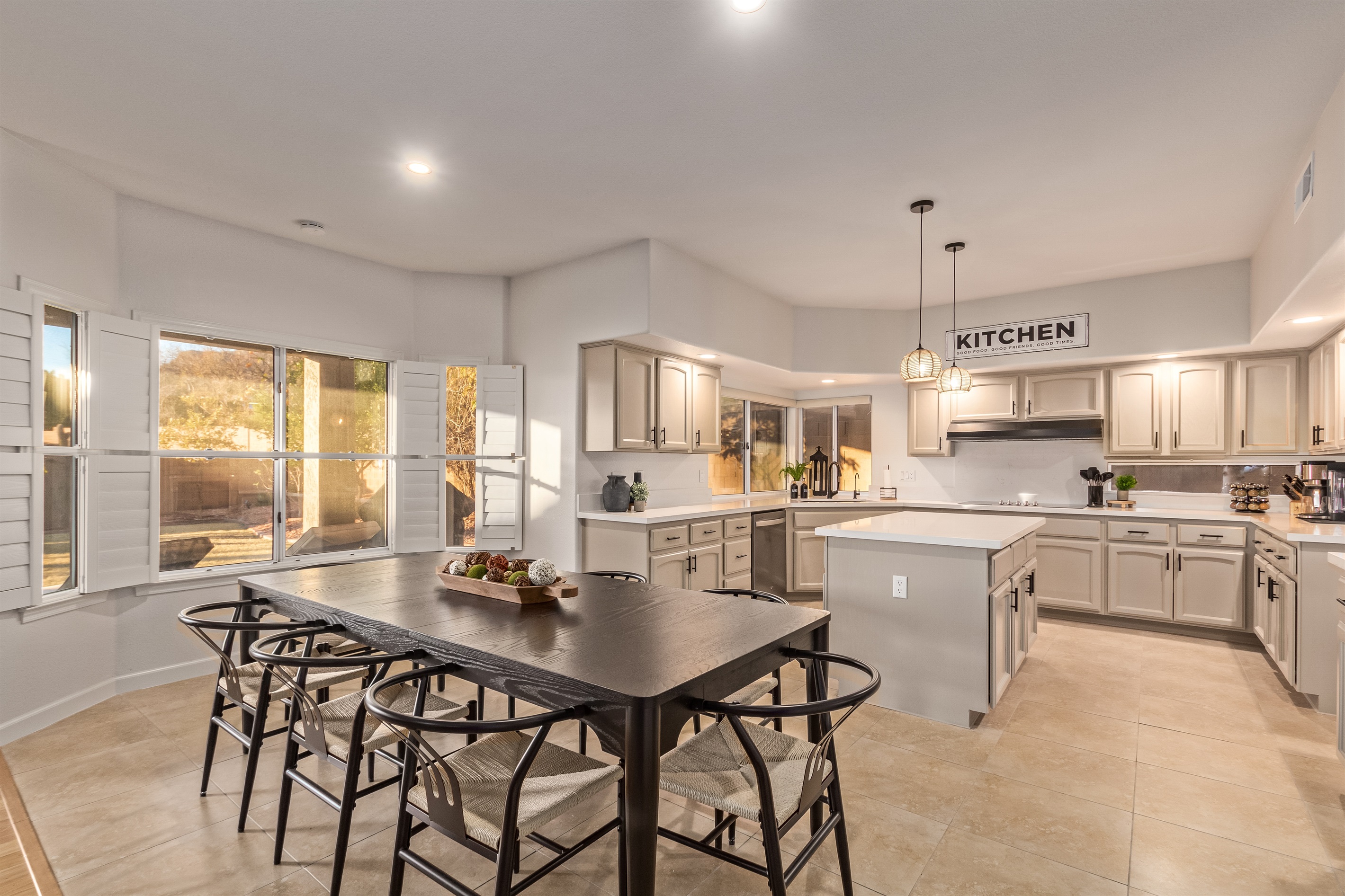 Dining area with large open kitchen. Perfect for family gatherings