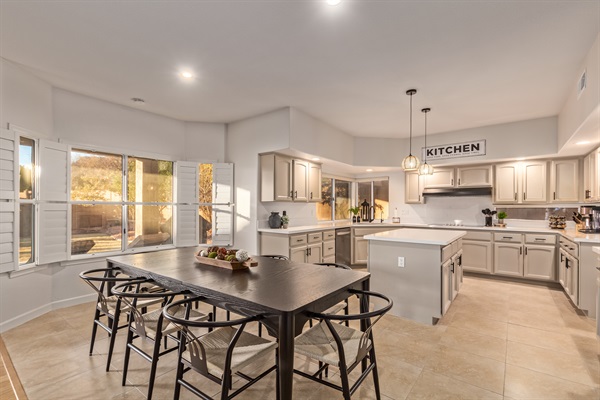 Dining area with large open kitchen. Perfect for family gatherings