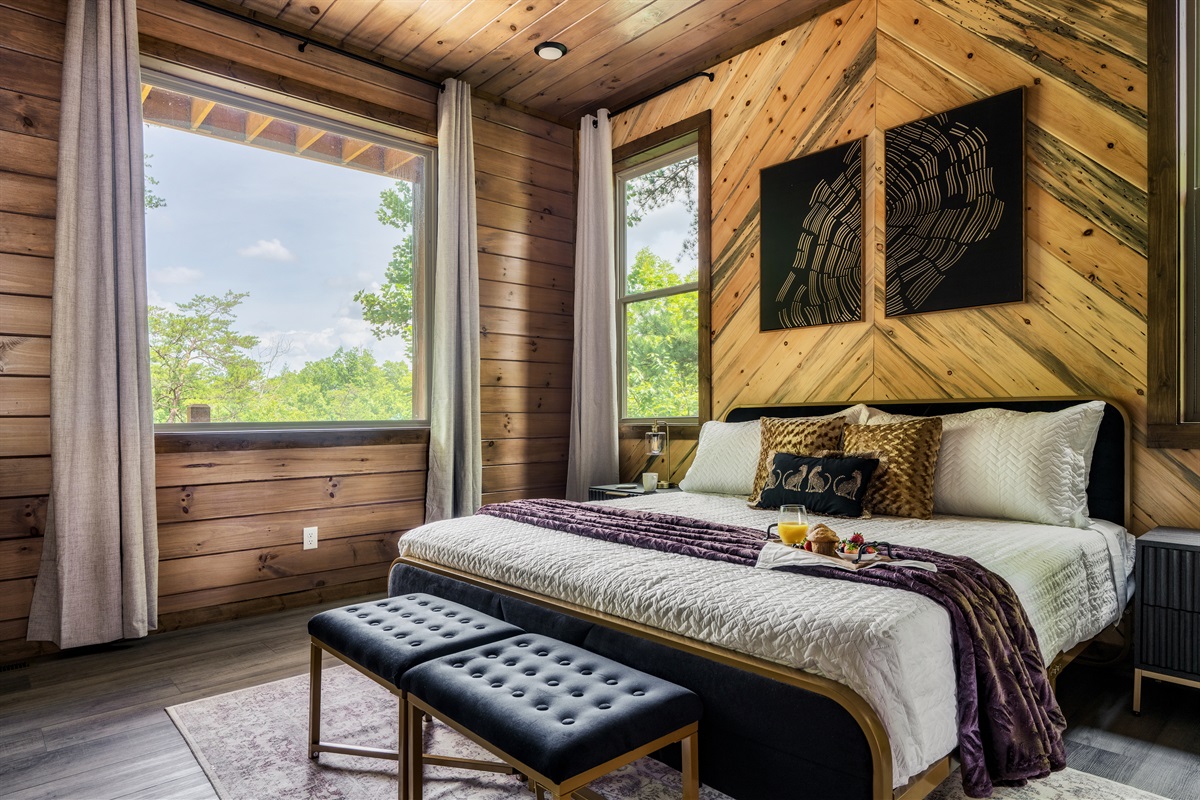 Rustic elegance with a king bed and inviting decor.