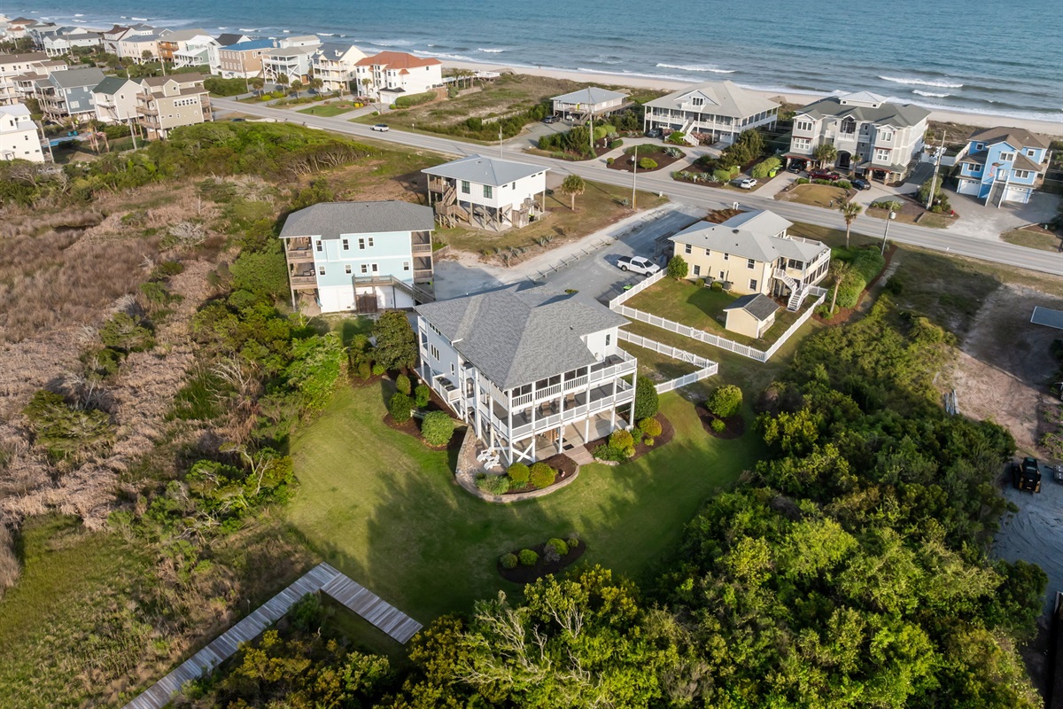 Aerial view showcasing Soundside Solace just steps from the beach with both ocean and sound nearby