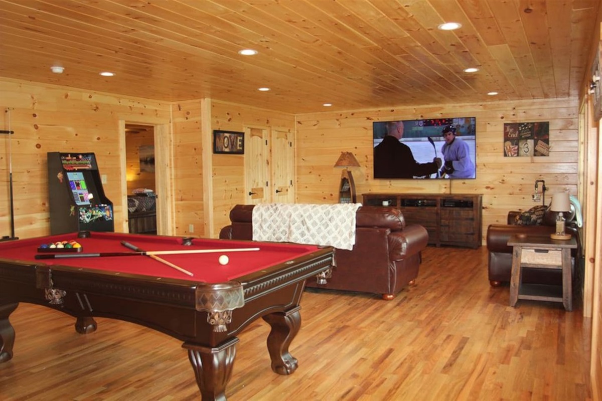 Game Room with pool table, arcade game, Xbox and 82" Smart TV