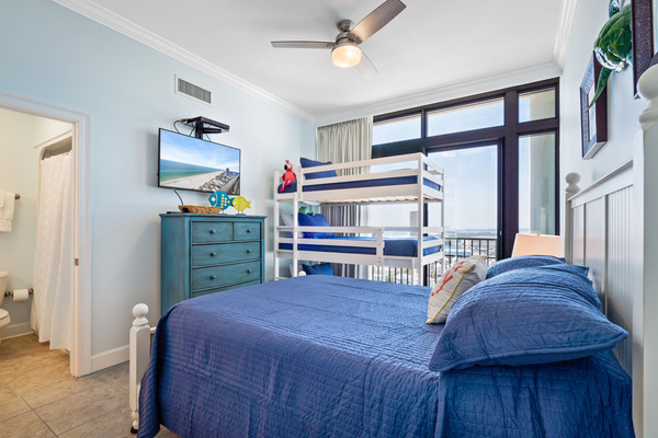 Bdrm 2 with Queen Bed, Kids' Triple Bunk, Juliette Balcony & Attached Bathroom