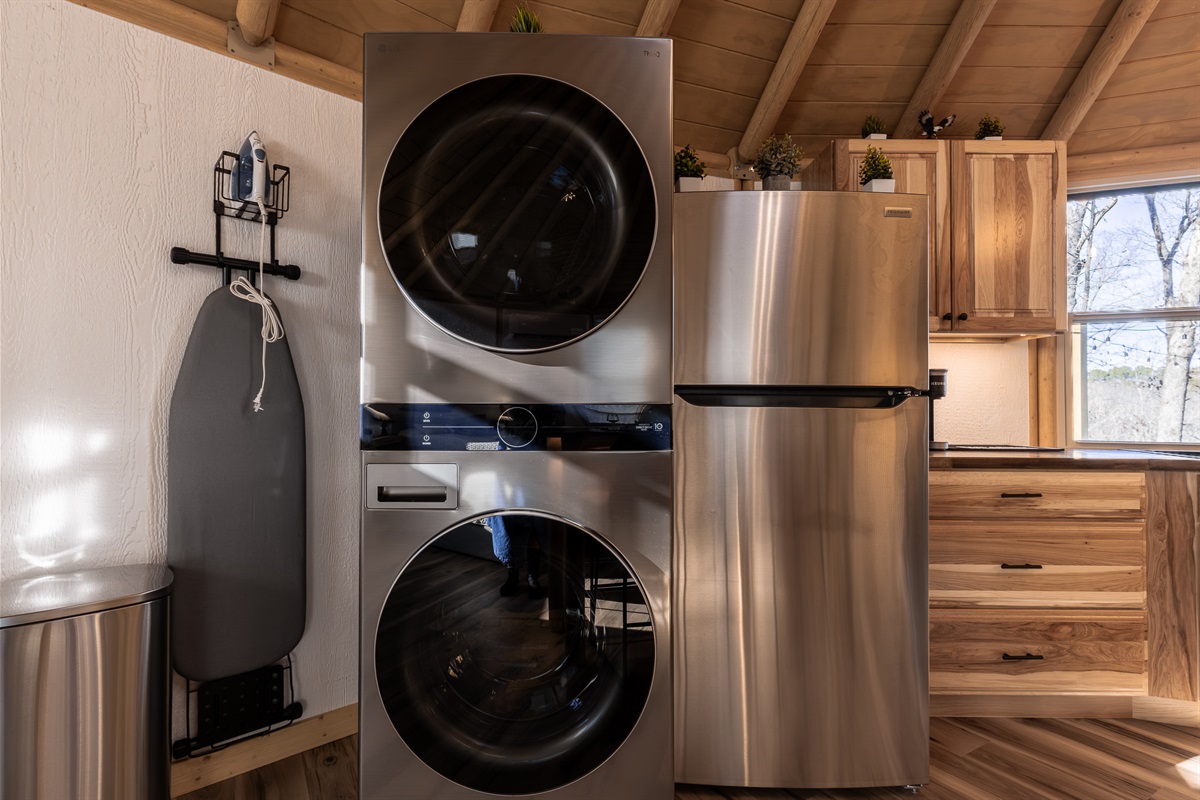 In-unit washer and dryer with ironing board—perfect for longer stays or packing light.