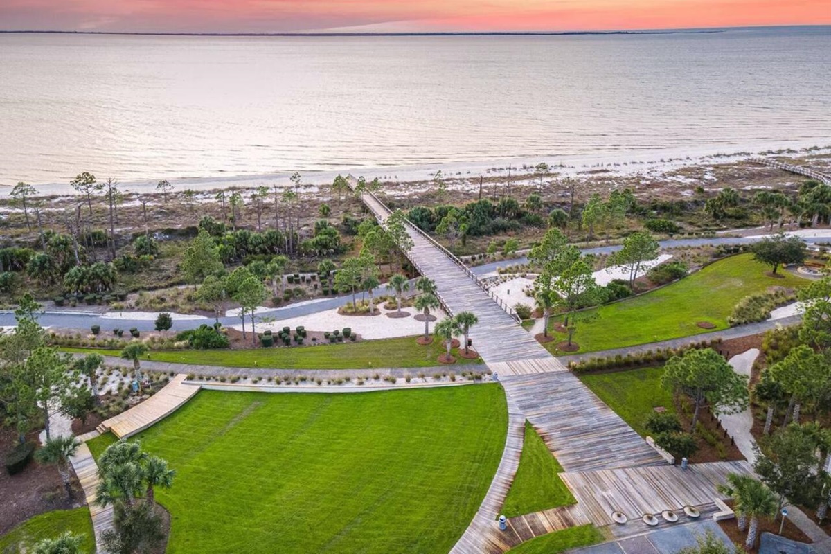 Aerial view of community, nature and beach