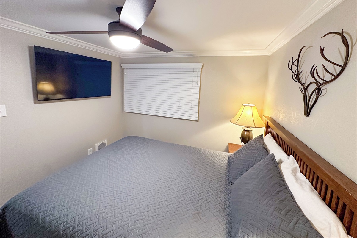 Large 50" Smart TV and a queen bed in the Master Bedroom.