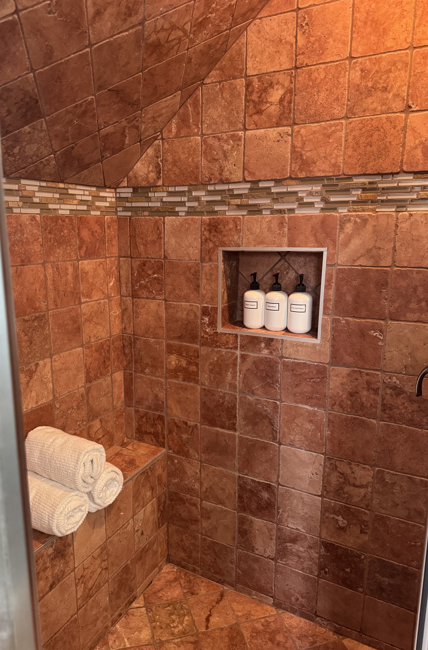 Large walk in Italian marble steam shower  - with provided toiletries 