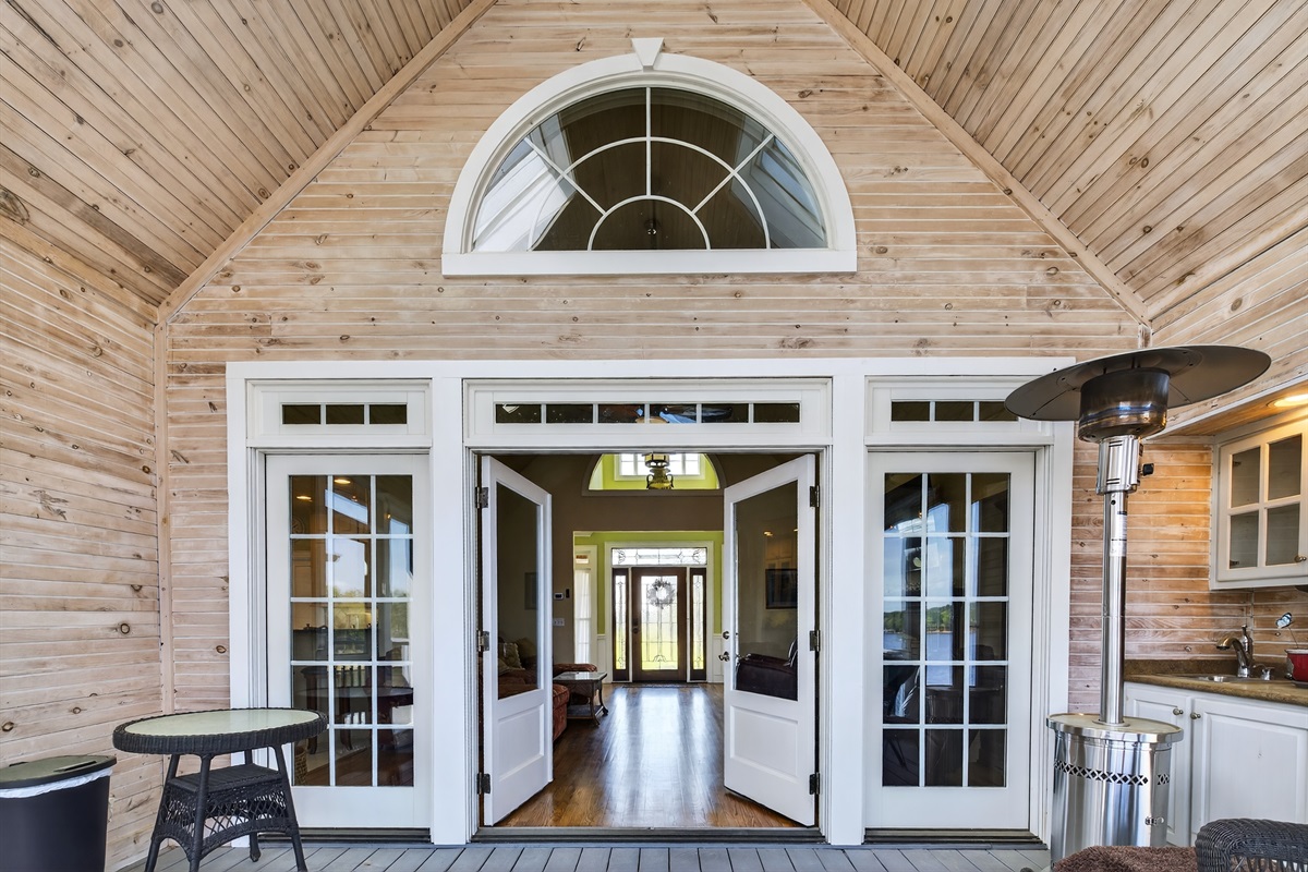 Covered outdoor sitting area water views