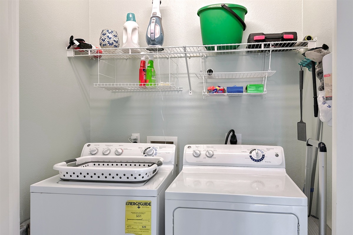 With a full size washer and dryer and complimentary soaps.
