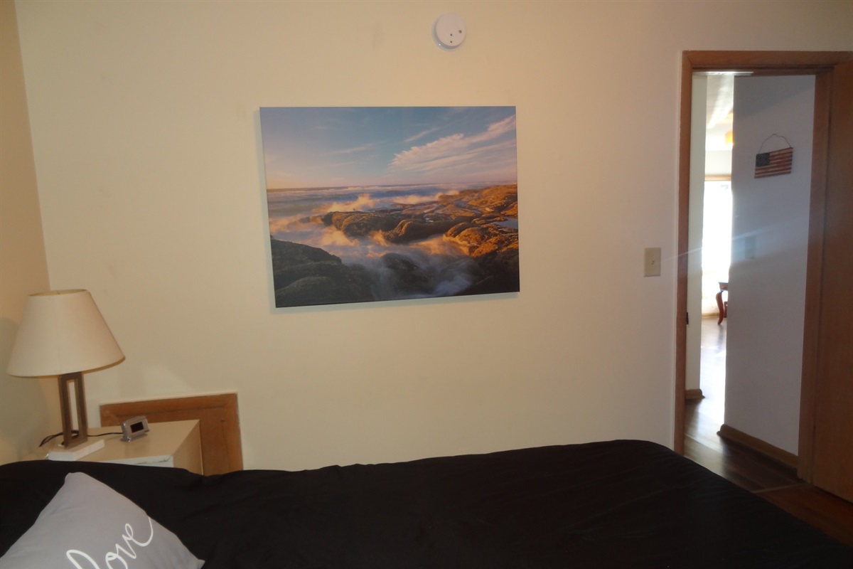 2nd Bedroom with queen bed, dresser, ceiling fan