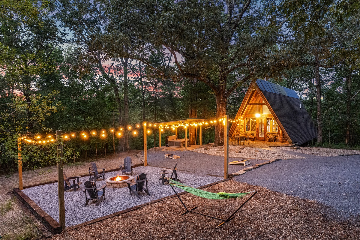 Golden hour magic at the firepit + hammock hangout.