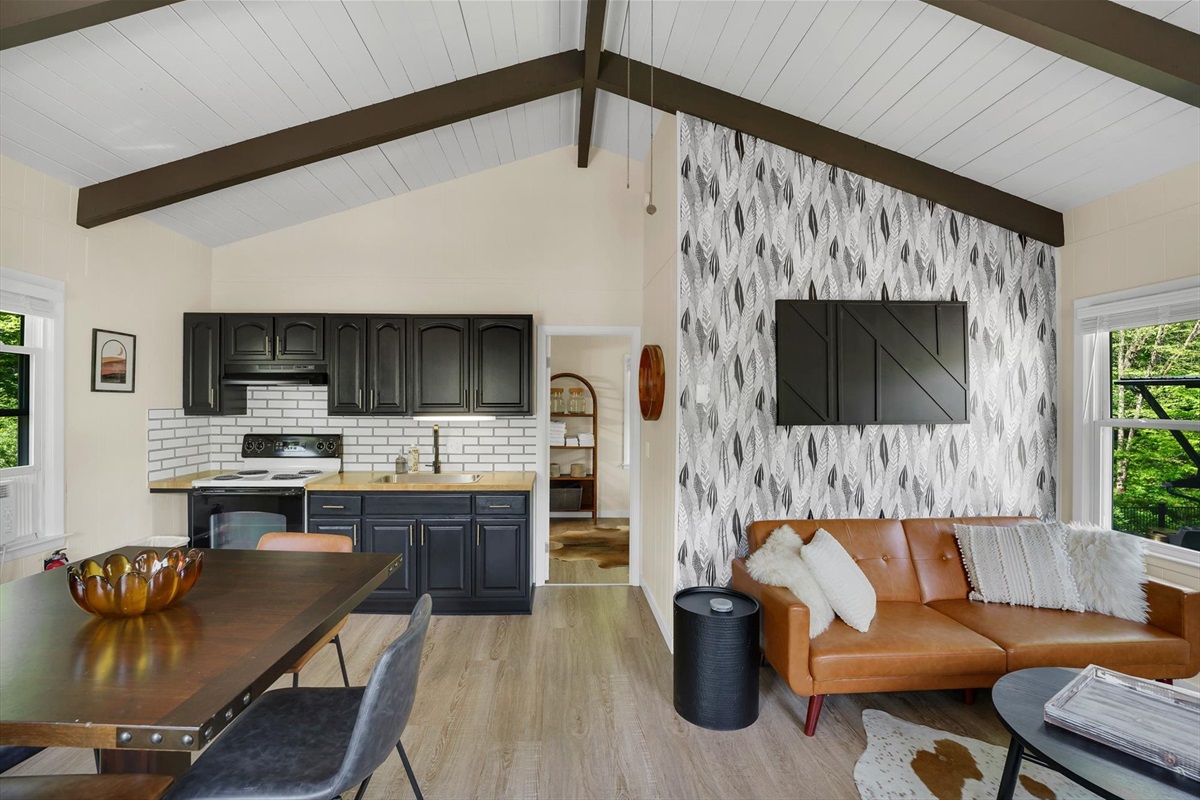 Living, kitchen and entry to bedroom