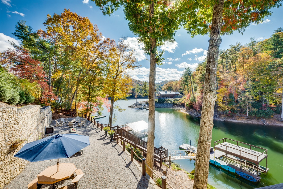 View of lake, backyard and dock from 2nd floor deck