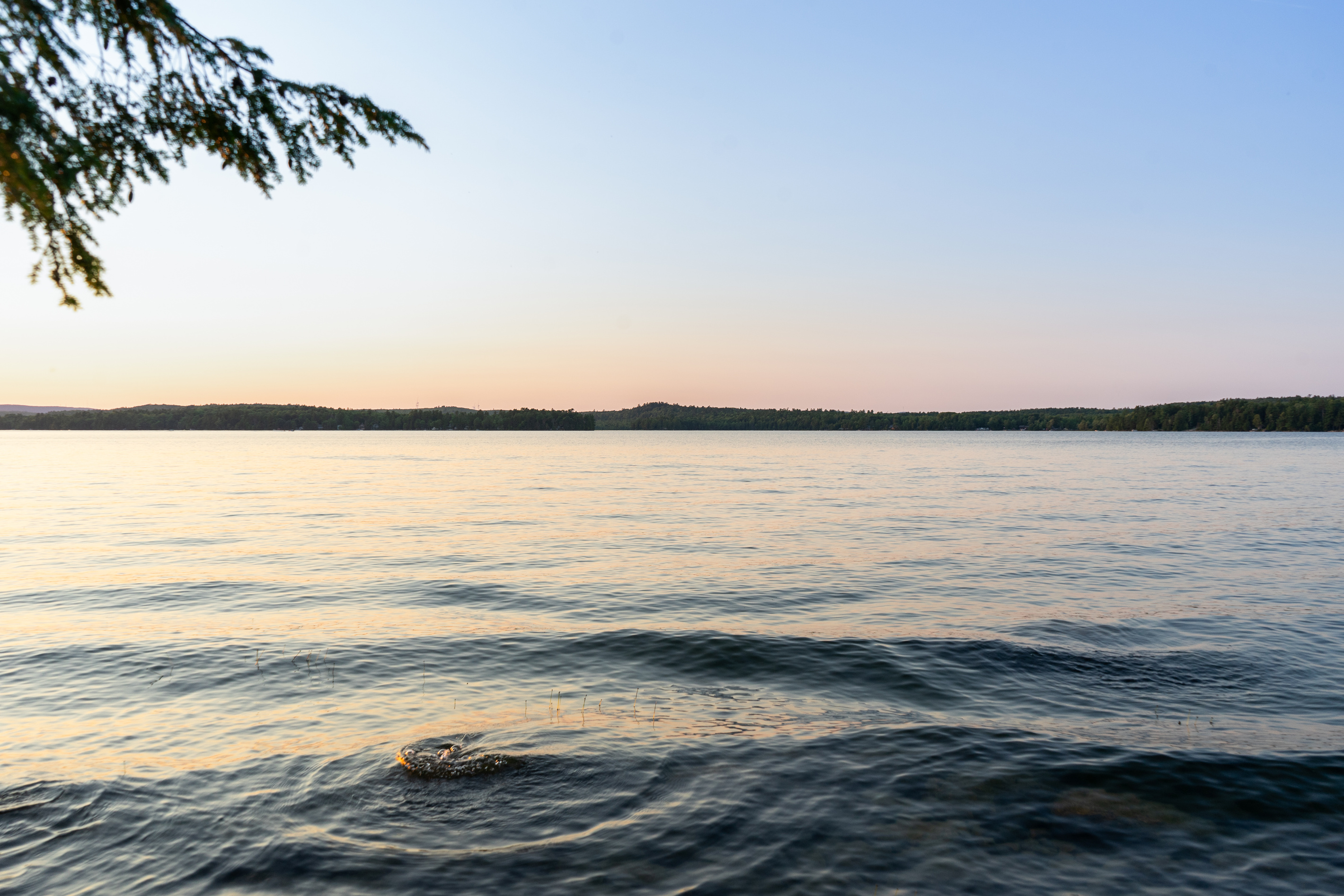 Skipping stones at sunset off the front shore of Loonrise Point! Endless open water views across Beech Hill Pond in Otis, ME. Prime location for salmon and trout fishing, paddling on calm waters, or listening to loon calls at dusk.