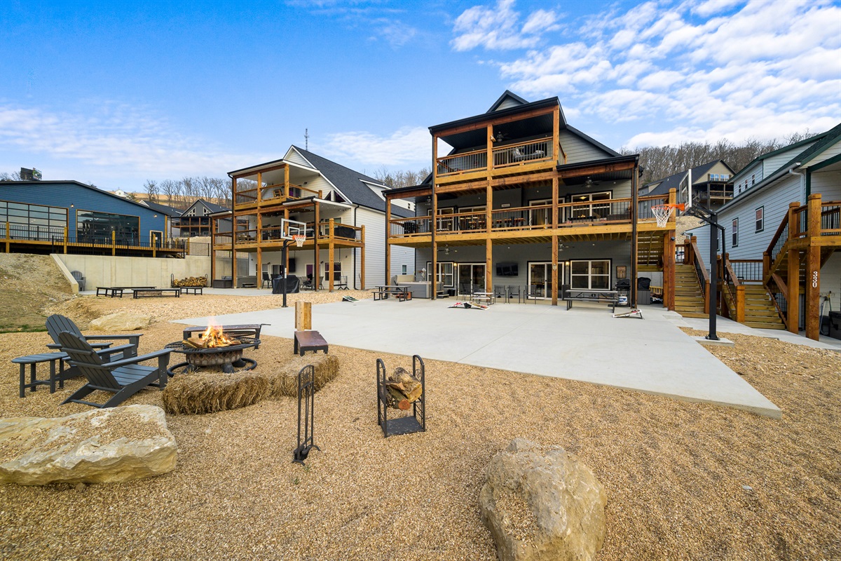 Spectacular outdoor entertainment space with hot tub and basketball court