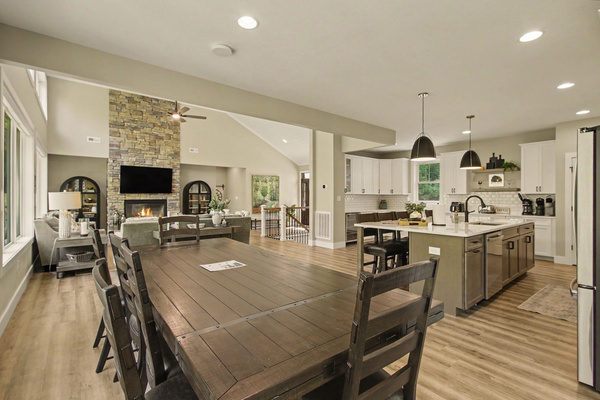 Dining room, great room, and kitchen space