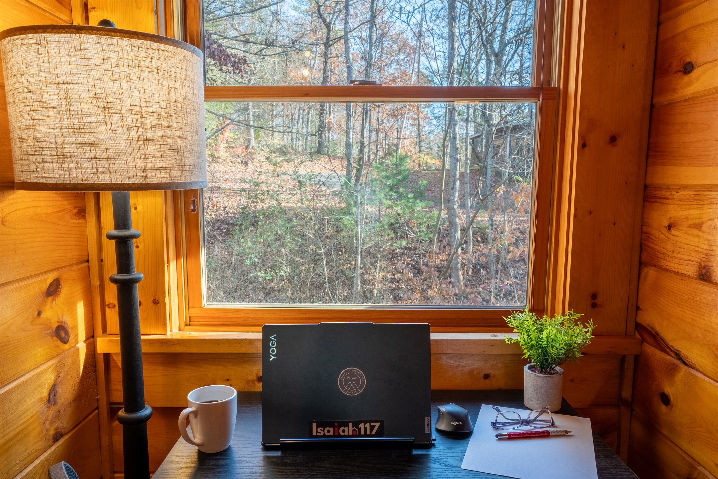 The private workspace with a peaceful view provides a calming workplace away from home.