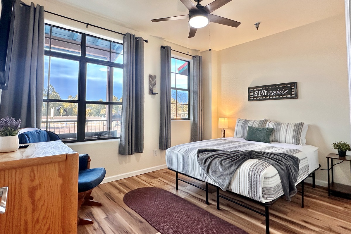 Bedroom #1 - Queen bed with smart tv, closet, & large windows for an abundance of natural light.