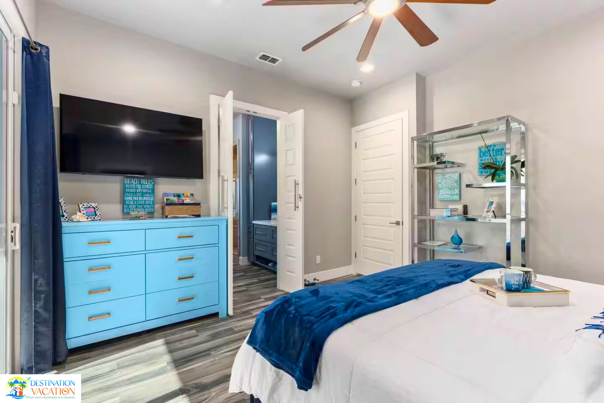 A peaceful bedroom retreat with vibrant coastal character.