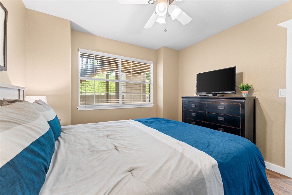 Comfortable bedroom with TV, dresser storage, and a relaxing atmosphere.