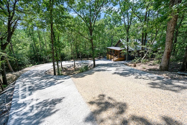 Our paved entrance and circle drive. Trees are illuminated at night.