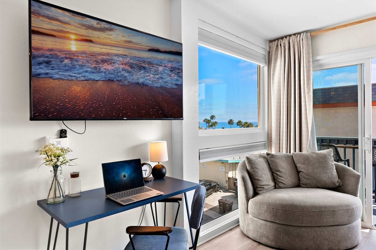 We also provide a dedicated workspace with a comfortable office chair and 300Mbs redundant internet for working remotely