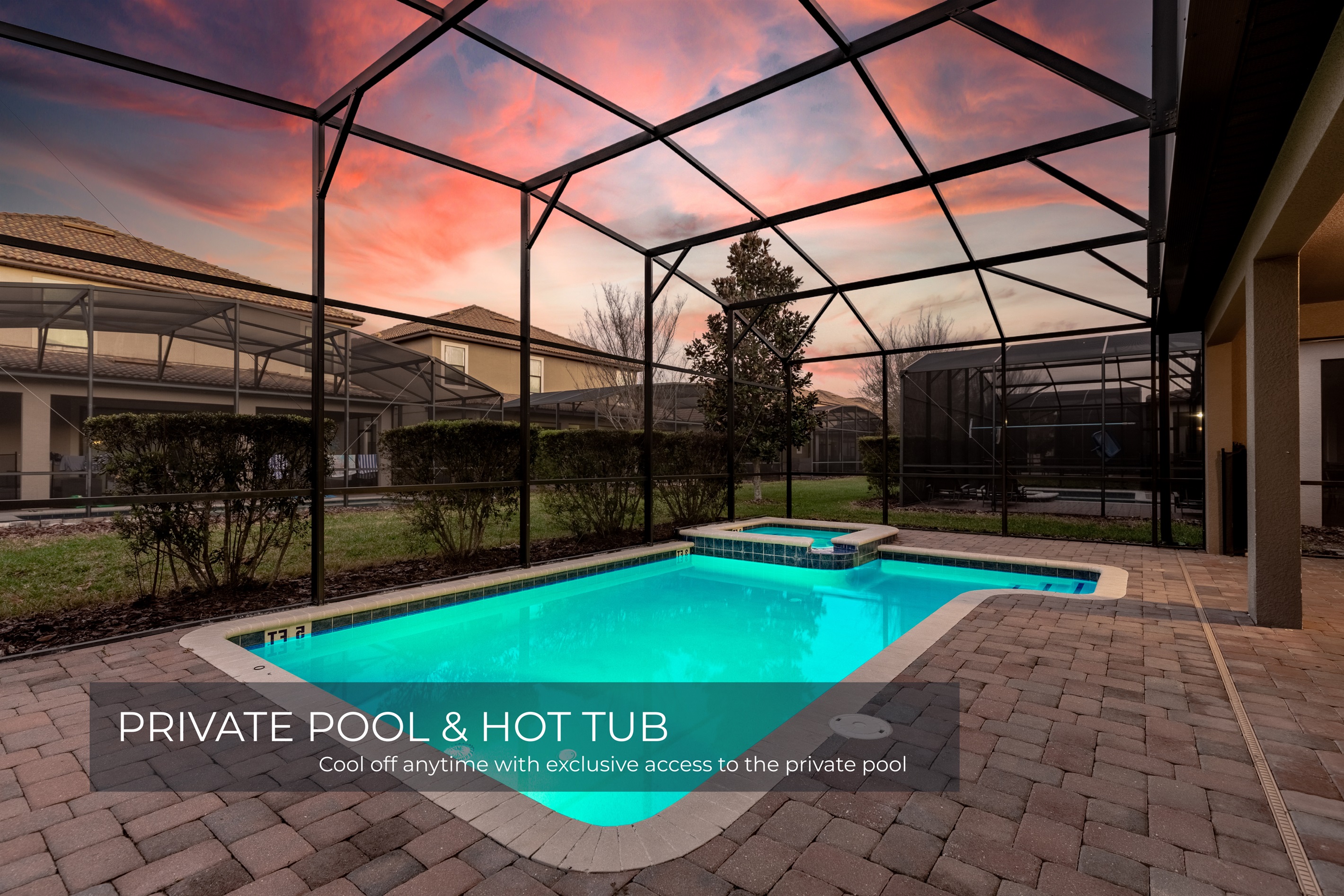 A perfect combination—enjoy the pool by day and the hot tub by night