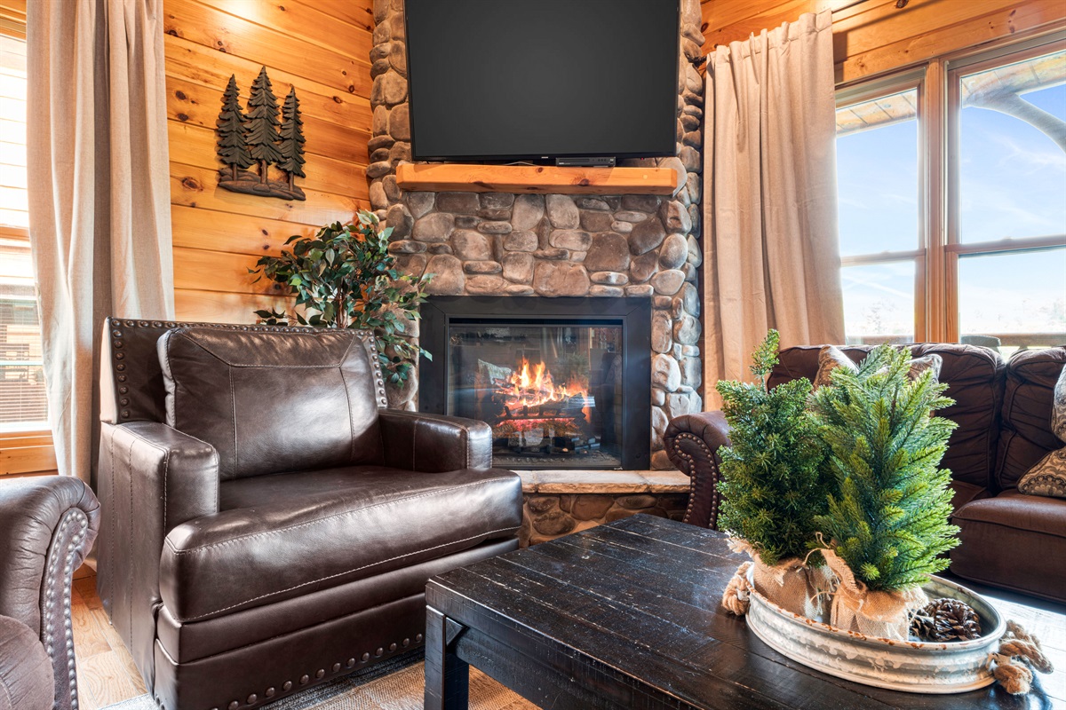 Cozy living room vibes. Fireplace does not put out heat and is for aesthetics only.