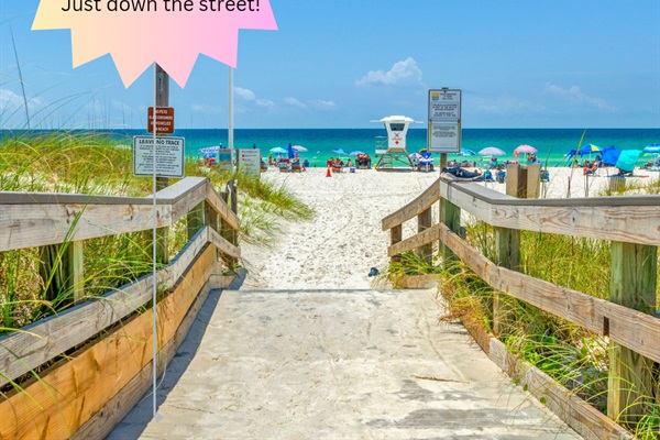 Beach Access less than 1/2 mile (~6 min walk). Rick Seltzer Park beach access is just a 1/2 mile away (easy 10 min. walk). - This location has parking and public restrooms. 
St. Andrews State Park is only a 2.4 mile drive.