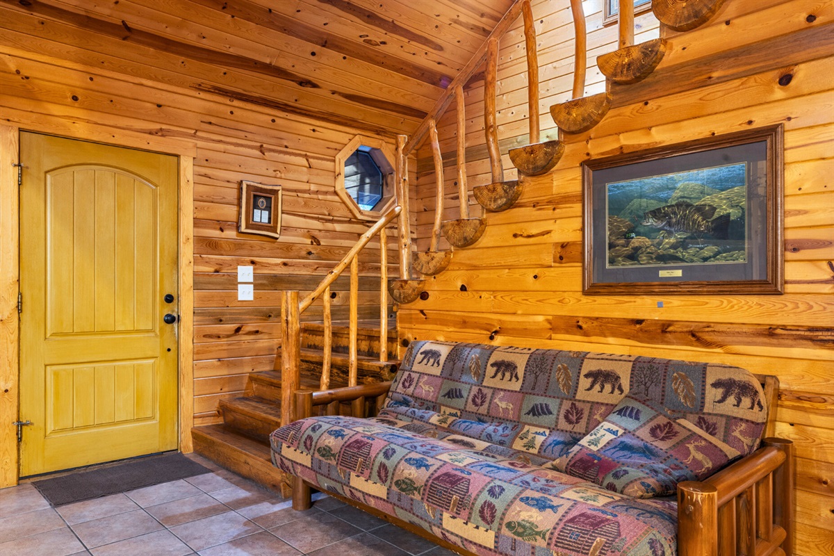 Entryway bench with rustic décor and cozy touches.