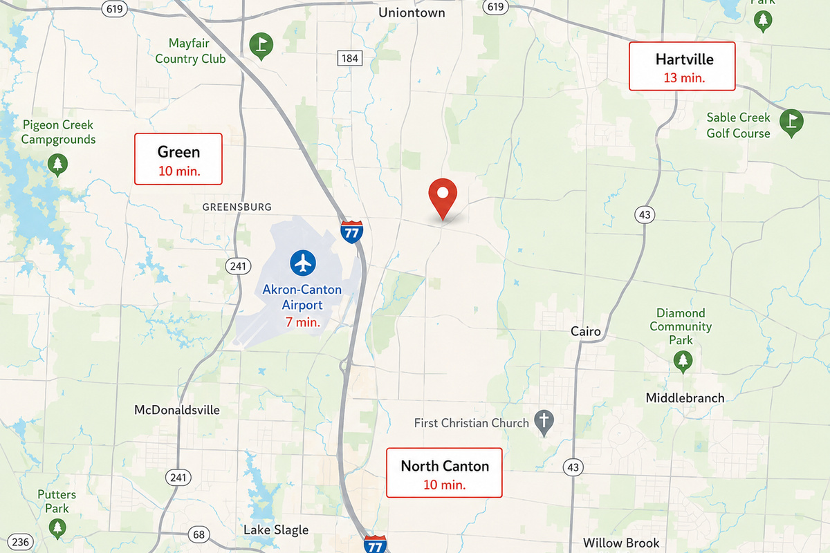 Just minutes away from CAK airport, Highway 77, and three shopping destinations.