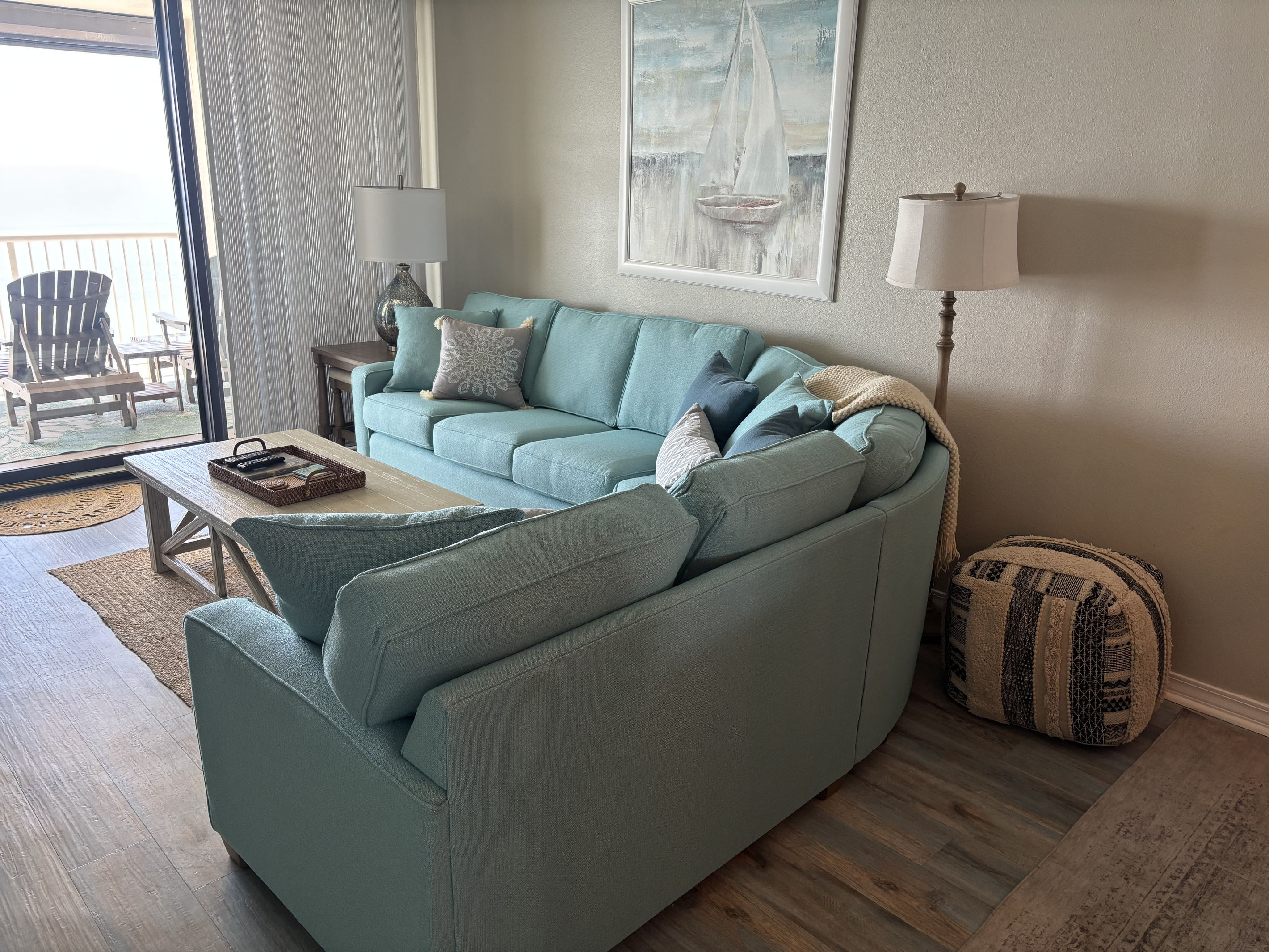 Please take care of the new sofa when you stay with us!  It took 9 weeks and a custom order for this beauty!