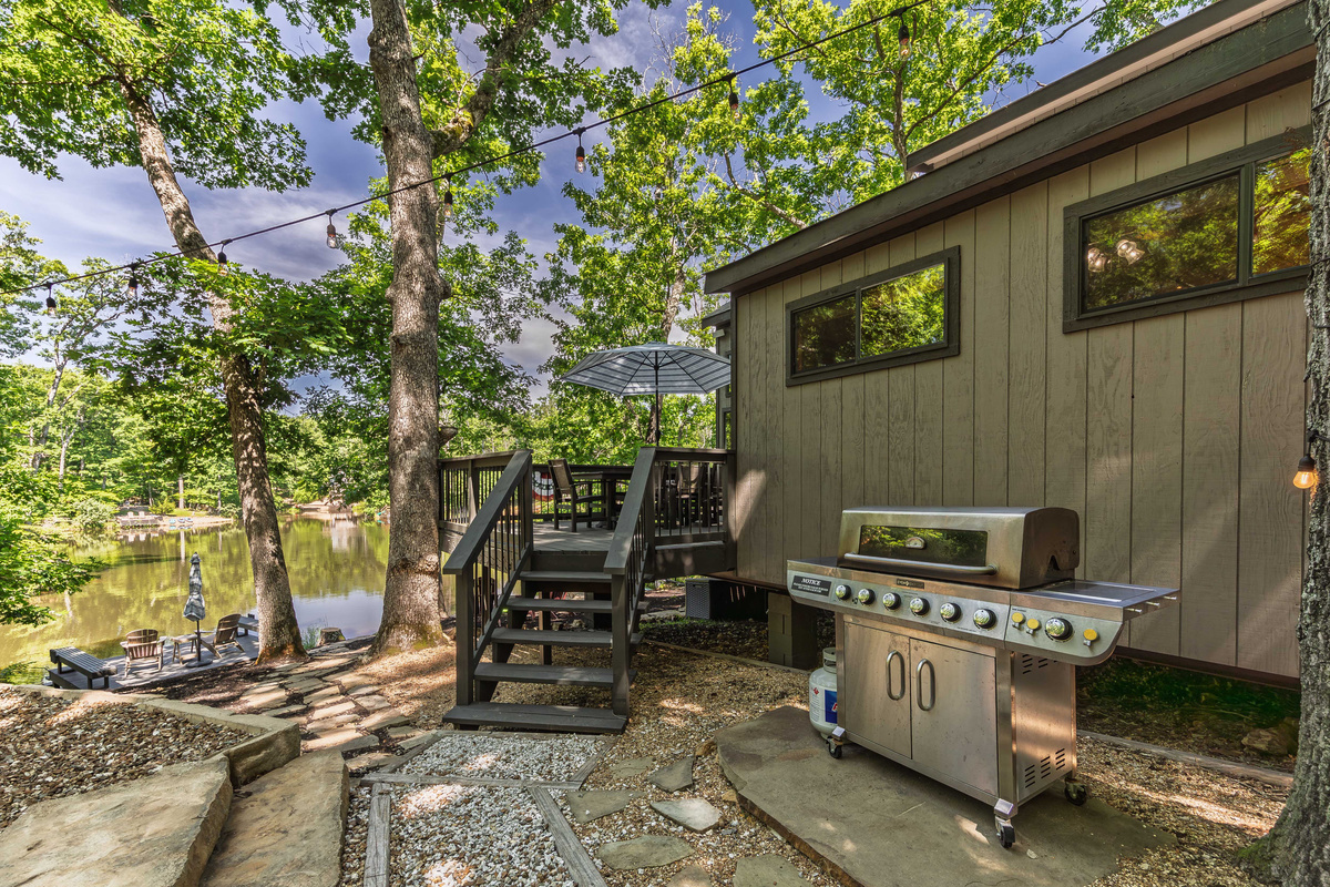 Propane grill ready for lakeside cookouts.