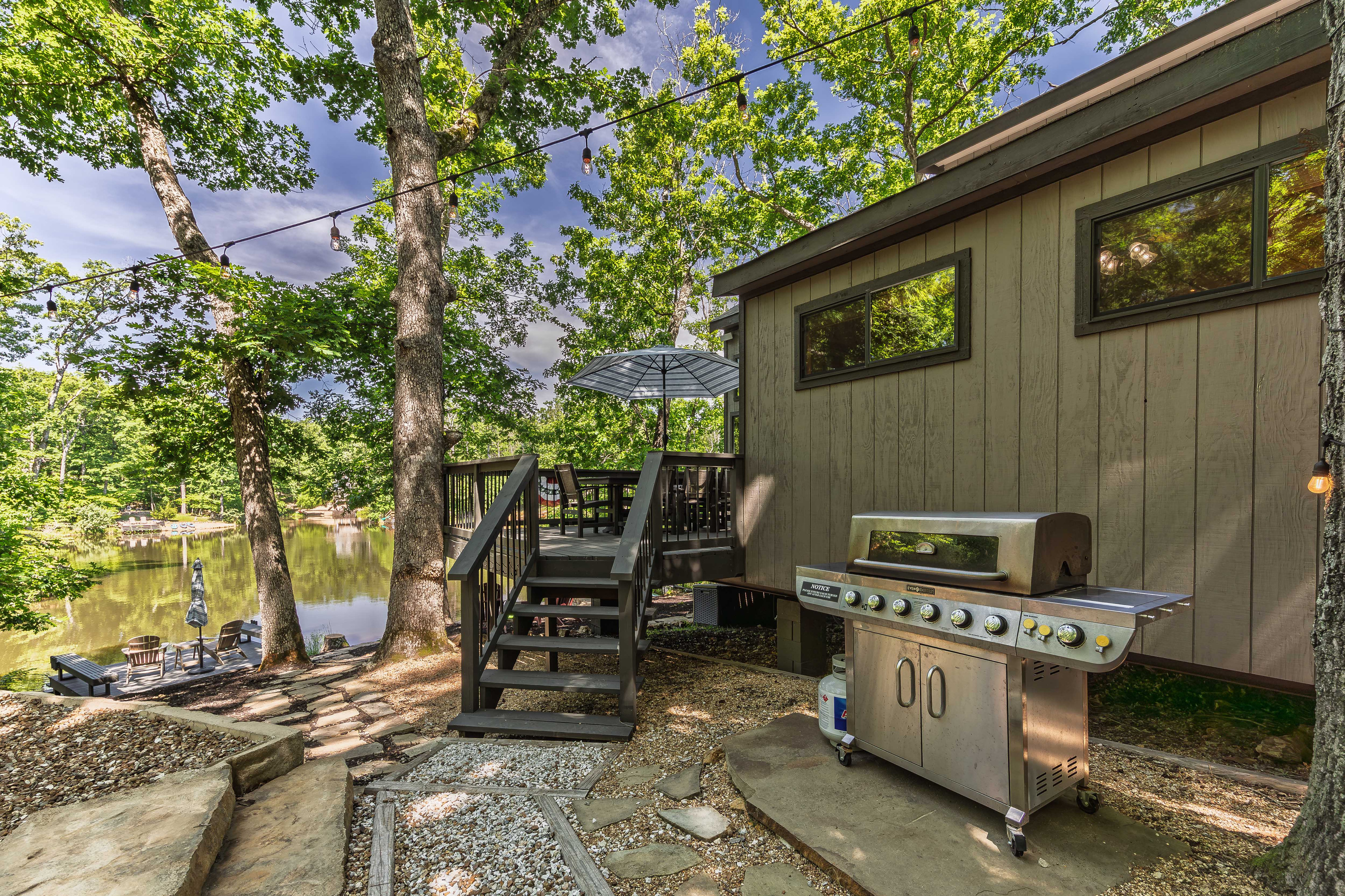 Propane grill ready for lakeside cookouts.