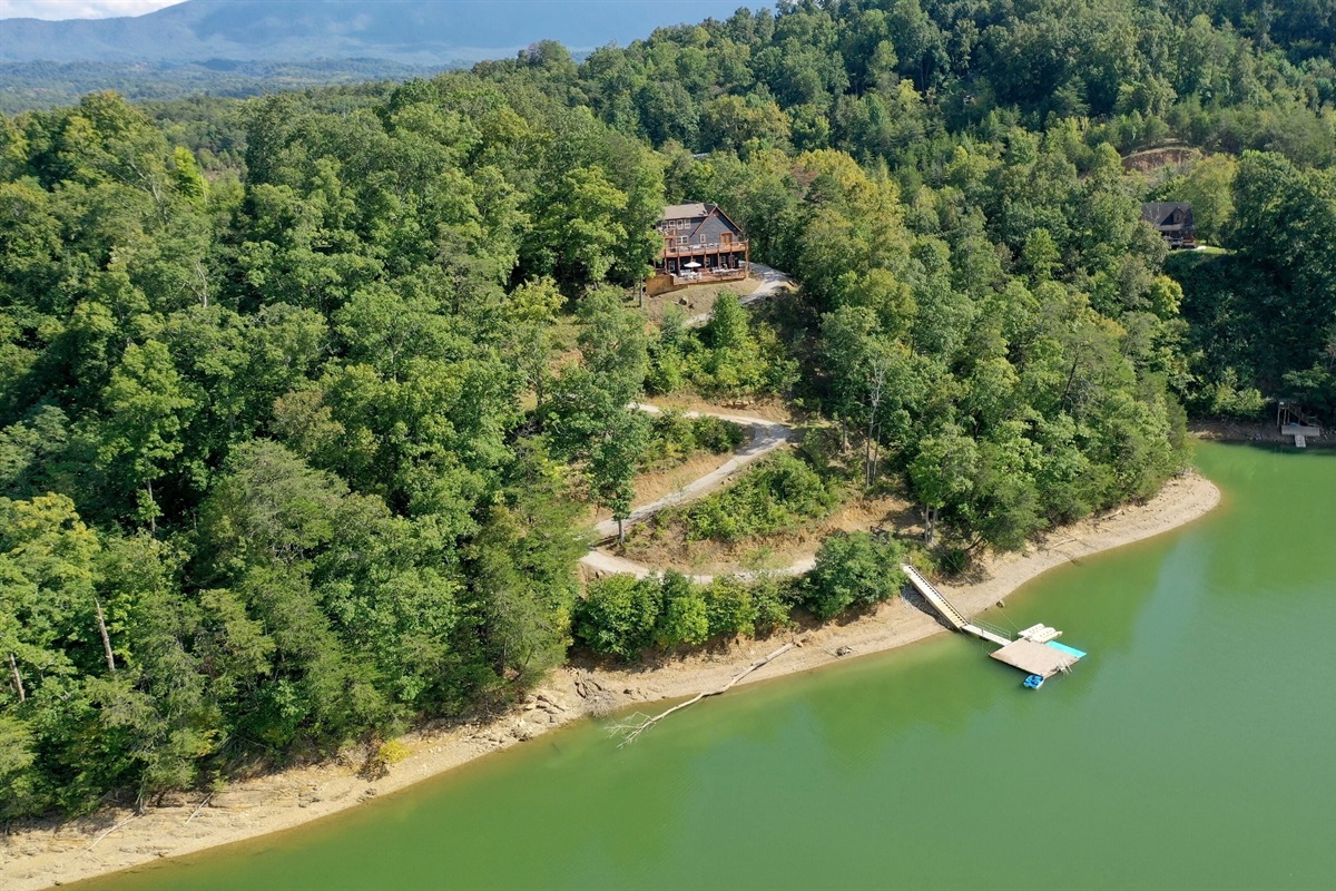 Aerial view (lake nestled in the mountains)