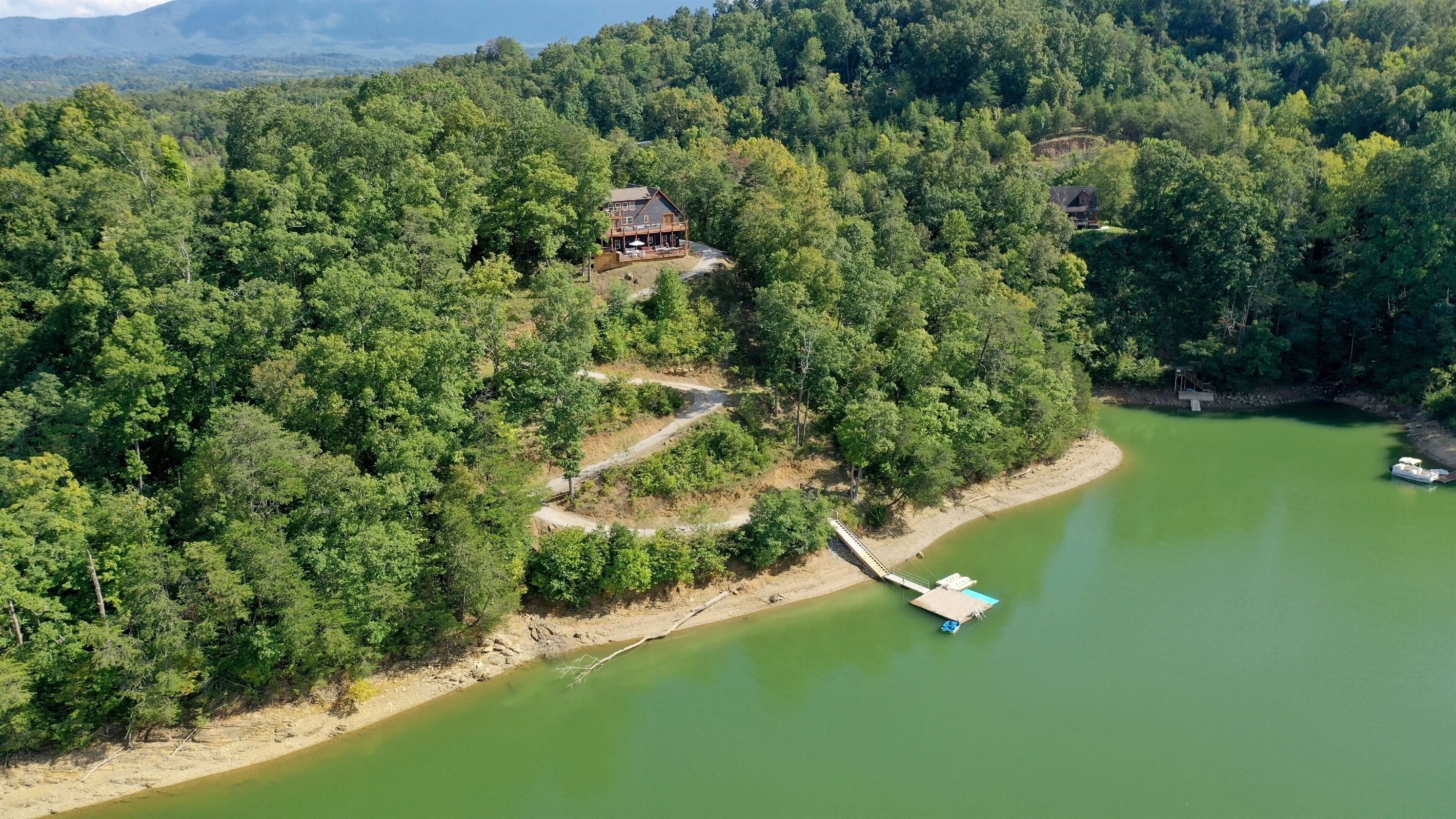 Aerial view (lake nestled in the mountains)