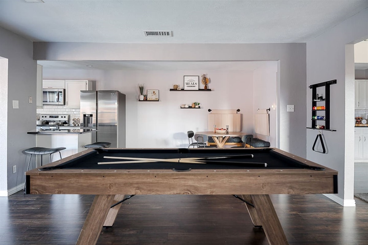 Have some fun with this chic, fully-equipped pool table during your stay