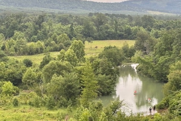 Kayaking in the river bend framed by trees and open pasture (guest photo - June 2025).