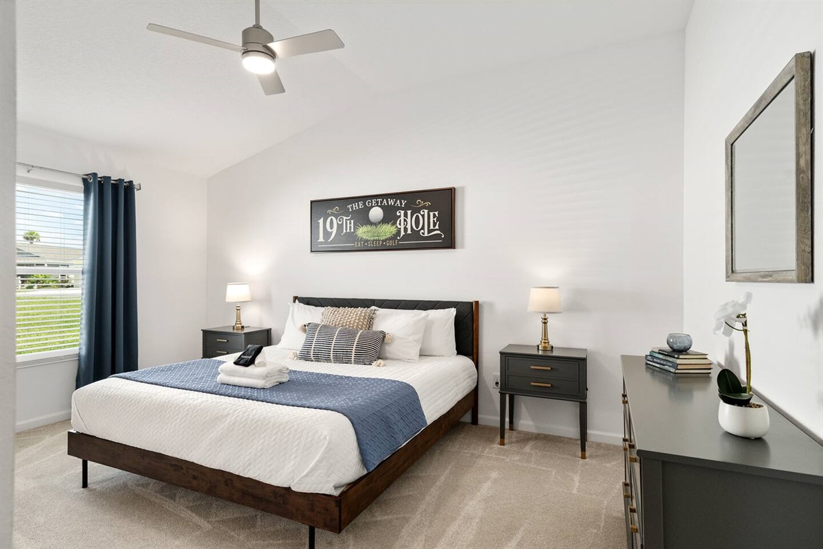 Elegant master bedroom with a comfy bed to enjoy a great nights sleep!