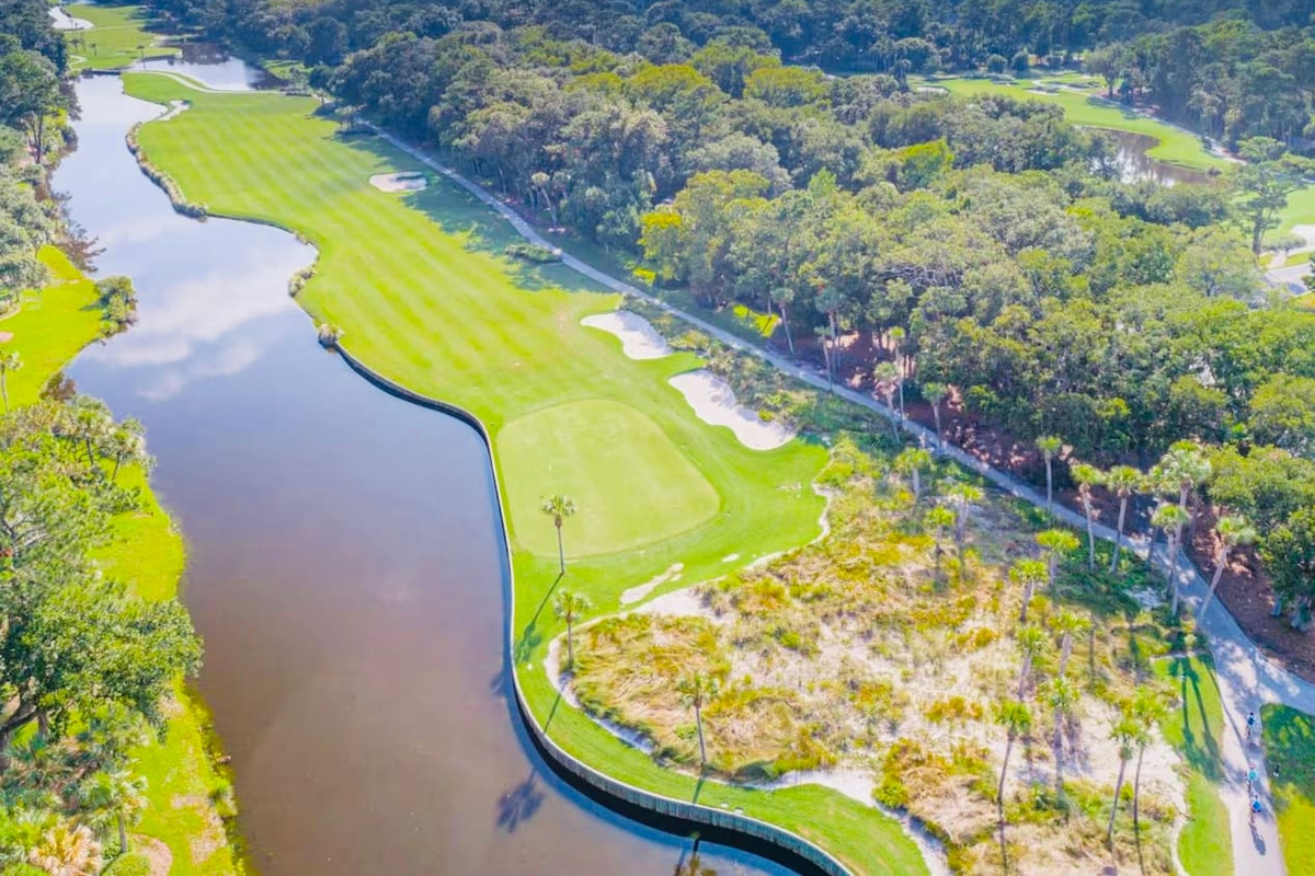 Golf course and lagoon from above