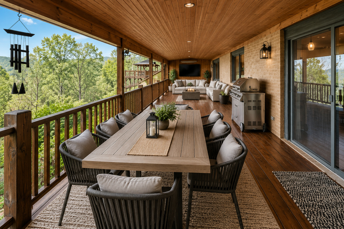 {Covered Mountain Deck} Dine beneath the mountain breeze, surrounded by the sounds of the forest and sweeping views that invite you to stay a little longer.