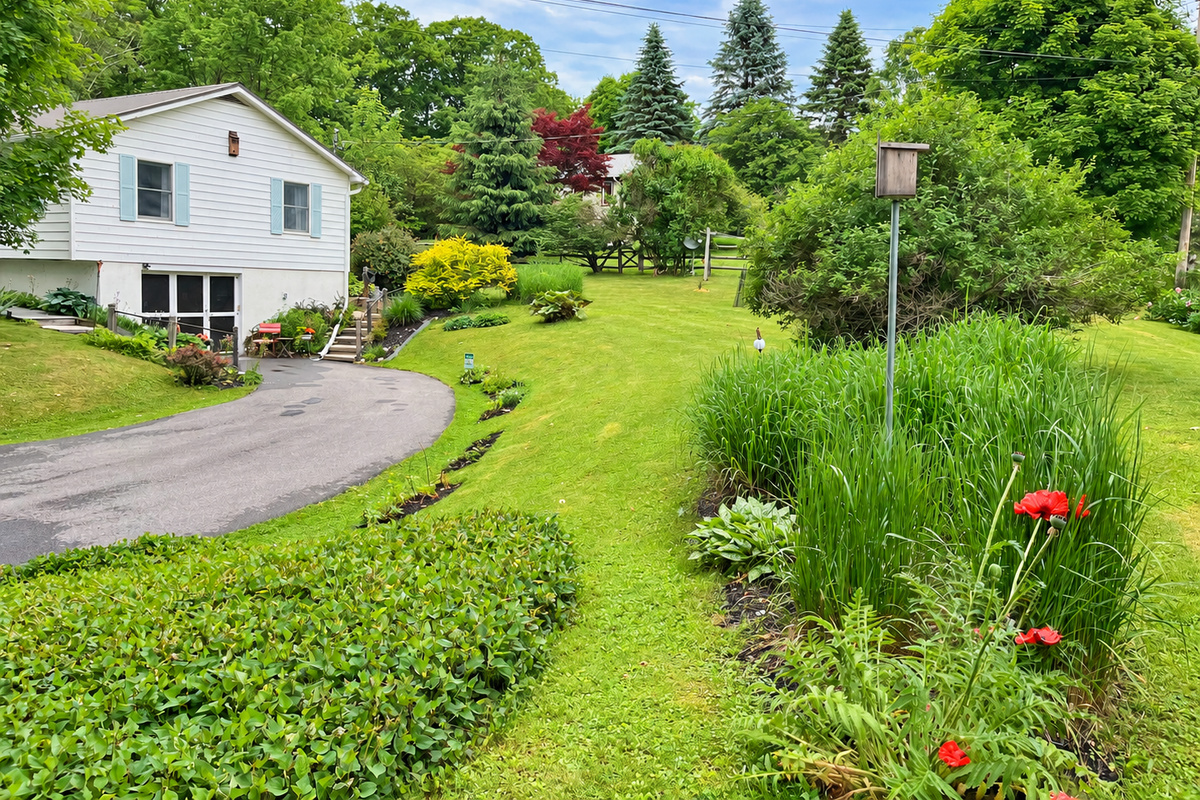 Cottage driveway and landscaping.