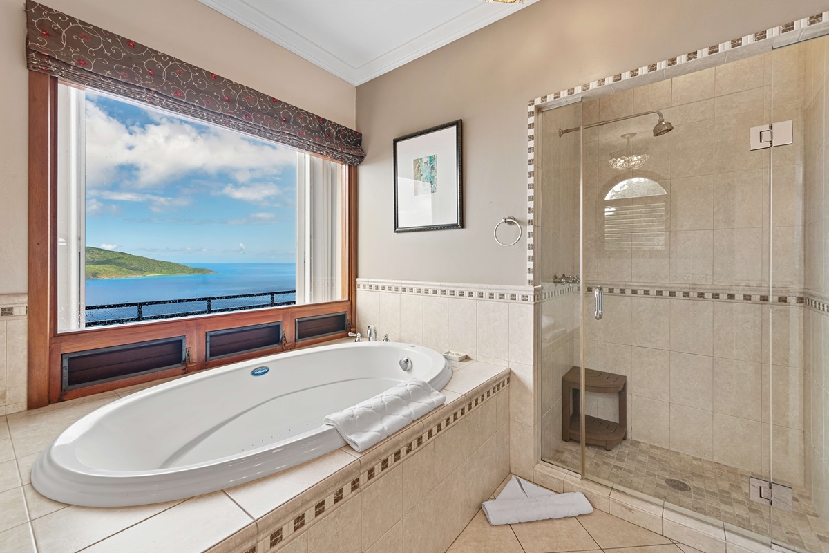 The second primary bathroom has a soaker tub and walk in shower available, depending on your mood. *Please note, this is not a jetted tub. 