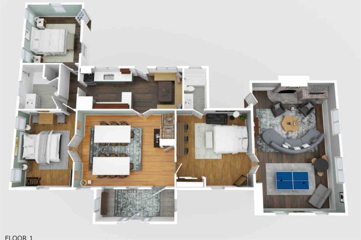 1st floor layout (with the Murphy bed down)

Eucalyptus Suite (2 bd 1 bath) is on the left side of downstairs.