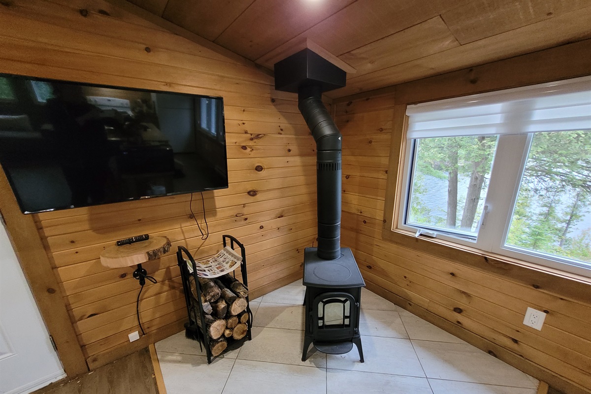 Wood stove keeps you warm and the TV entertains you; firewood is just outside the door
