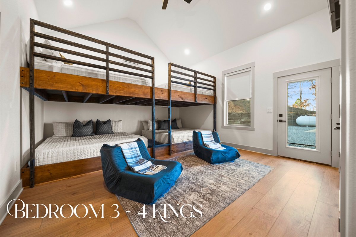 The bunk room is perfect for groups, offering plenty of sleeping space and a fun setup that makes it feel like a retreat of its own.