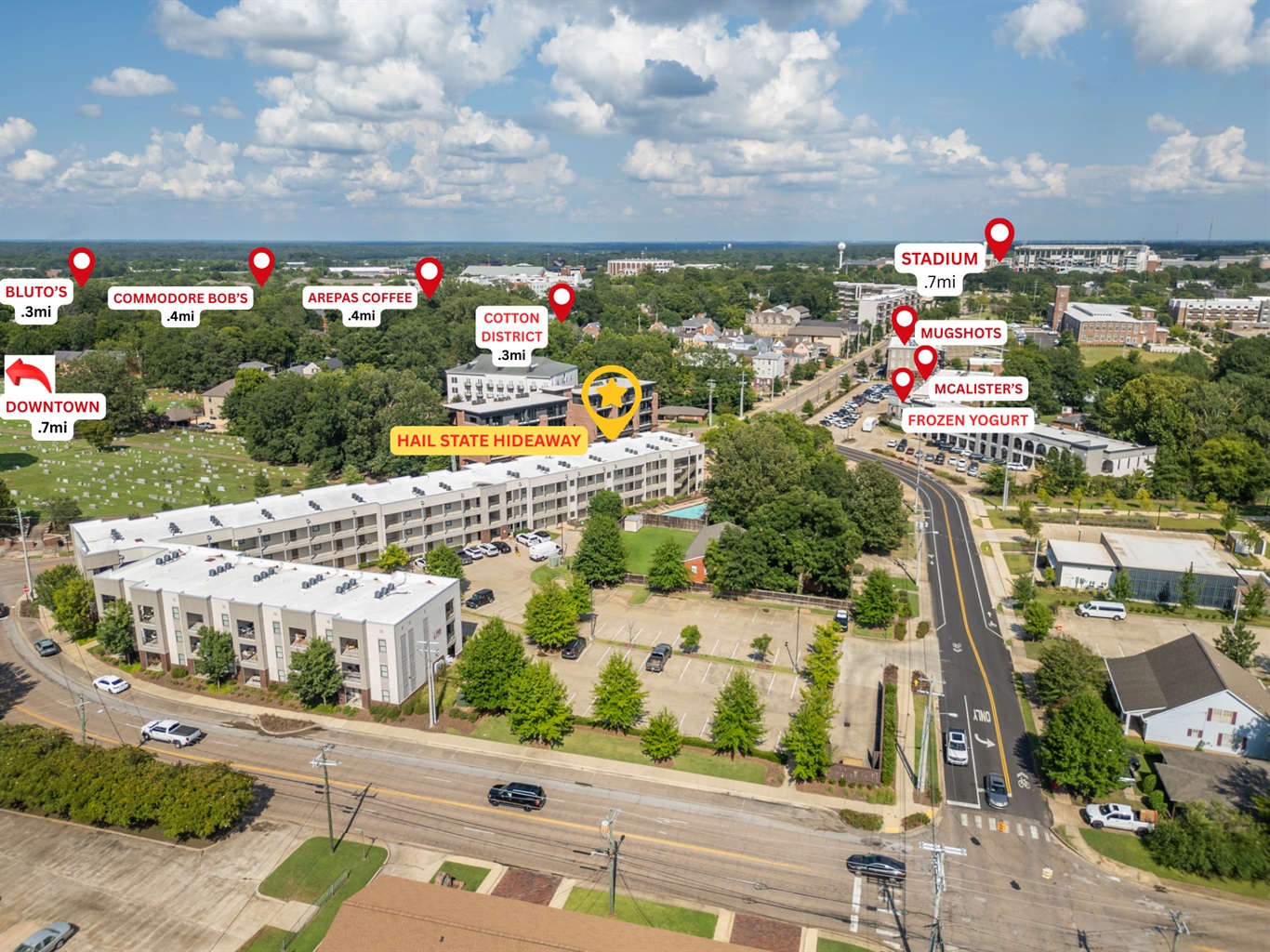 Stay steps from the Cotton District, less than a mile from the stadium and downtown, with coffee shops, restaurants, and nightlife all around you. The ultimate game day or weekend getaway spot in Starkville!