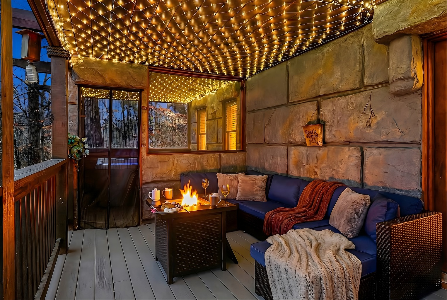 Enjoy cozy nights in the patio with comfortable seating, a small fire, your favorite drink and the best conversations. All while nestled in the woods.