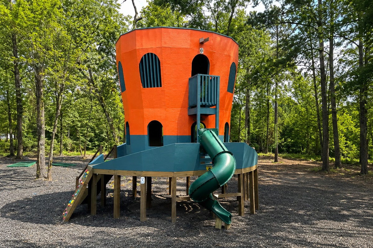 Playground Adventure: Brightly colored playhouse with slide, perfect for children’s fun!