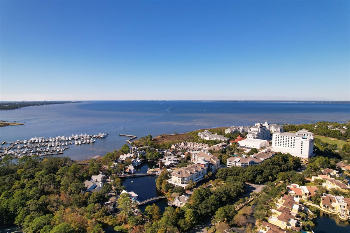 Ariel view of The Grand from the bayside of the SanDestin golf & Beach Resort.