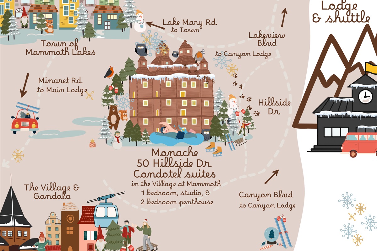 Monache at the Village sits in the heart of Mammoth’s Village, steps from dining, shopping, events, and the Village Gondola connecting directly to Canyon Lodge.